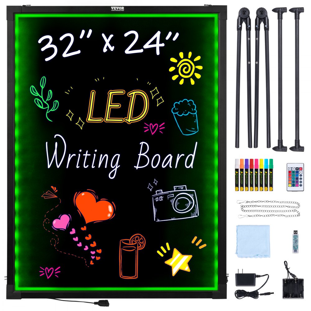 VEVOR LED Message Writing Board 32x24 Illuminated Erasable Lighted Chalkboard Neon Effect Menu Sign Board Drawing Board with 8 Fluorescent Chalk